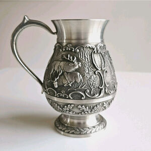 SKS Zinn Germany Pewter Embossed Cup Mug - Forrest Hunting Scene - 95% Pewter